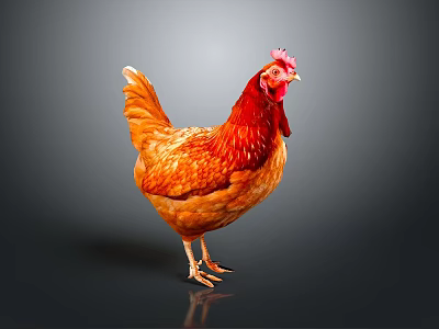 Orange Red Rooster With Vibrant Feathers And Red Comb Standing On Gray Background 3d model