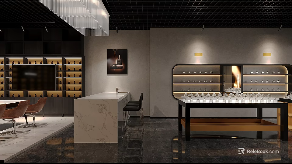 Modern Boutique Store Interior With Marble Counter Display Shelves And Hanging Pendant Lamp 3d model 