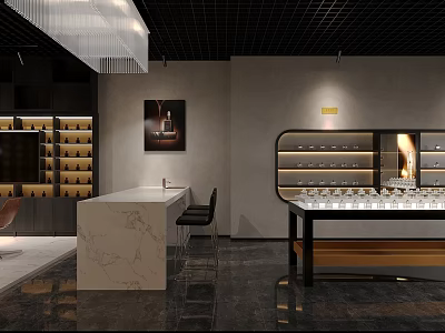 Modern Boutique Store Interior With Marble Counter Display Shelves And Hanging Pendant Lamp 3d model