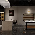 Modern Boutique Store Interior With Marble Counter Display Shelves And Hanging Pendant Lamp