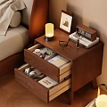 Modern Wooden Nightstand With Two Drawers Lamp Photo Frame And Books In Cozy Bedroom
