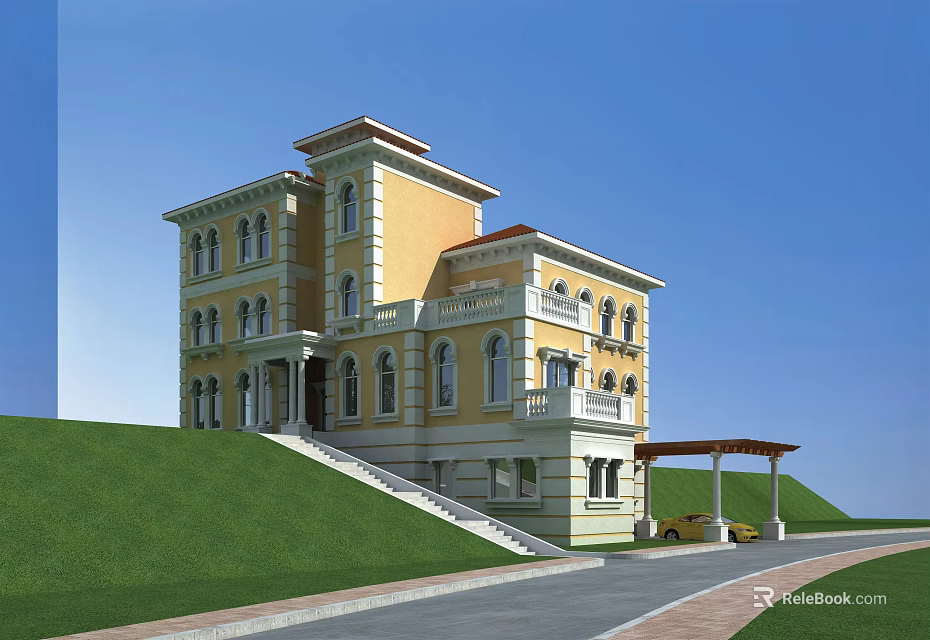 European Style Detached Villa With Yellow Exterior Green Lawn And Covered Entrance 3d model 