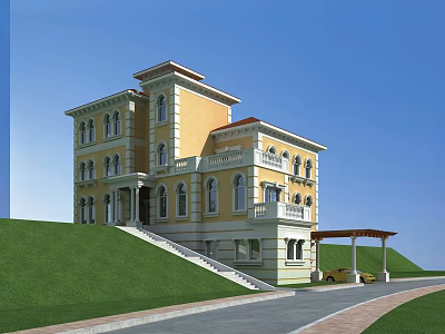 European Style Detached Villa With Yellow Exterior Green Lawn And Covered Entrance 3d model