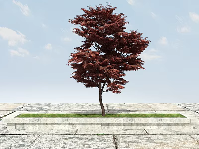 Red Leaf Arbor With Blue Sky White Clouds And Stone Pavement Flower Bed 3d model