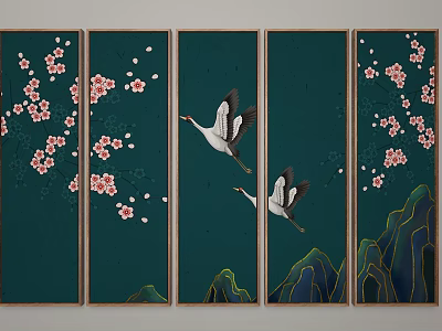 Traditional Five Panel Screen With Pink Plum Blossoms White Cranes And Mountains On Green Background 3d model
