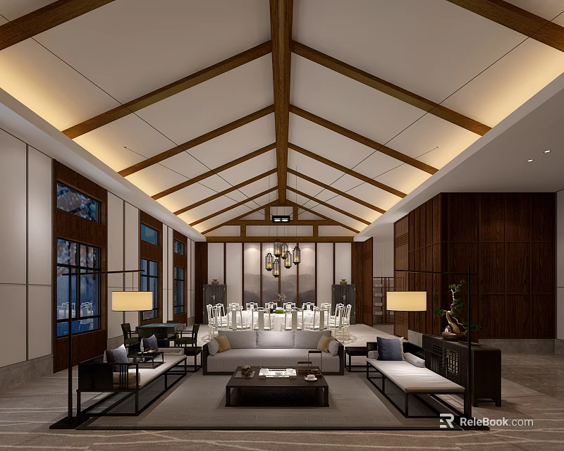 Elegant Private Room Interior With Wooden Ceiling Beams Chandelier Sofas Coffee Table And Dining Table 3d model