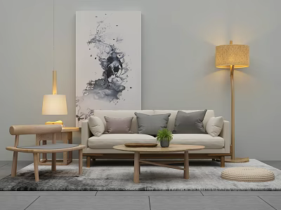 Modern Sofa Coffee Table Set with Light Upholstery Pillows Wooden Floor Lamp and Abstract Art 3d model