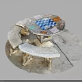 Outdoor Stone Furniture Set With Mosaic Chessboard Table And Curved Benches