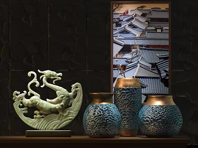 Chinese Style Decorative Ornament Set With Dragon Shaped Sculpture And Blue Golden Edge Vases 3d model