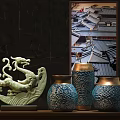 Chinese Style Decorative Ornament Set With Dragon Shaped Sculpture And Blue Golden Edge Vases