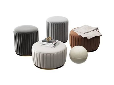 Stylish Round Velvet Stools in Gray Beige Brown with Stacked Books Towel and Small Ball 3d model