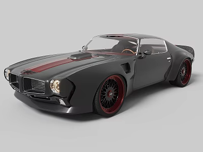 Vintage Two Door Gray Muscle Car With Red Stripes And Red Accent Wheels 3d model