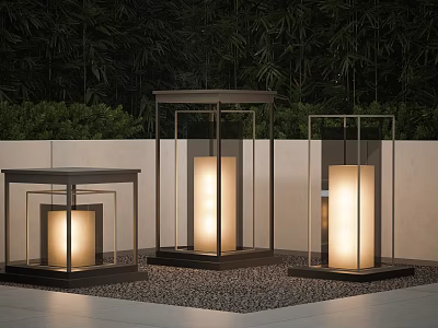 Modern Outdoor Lights with Metal Frame and Glass Shade Creating Warm Glow in Garden Patio 3d model