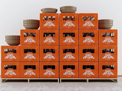 Wine Bottles And Glasses Displayed With Stacked Orange Crates And Wicker Baskets 3d model