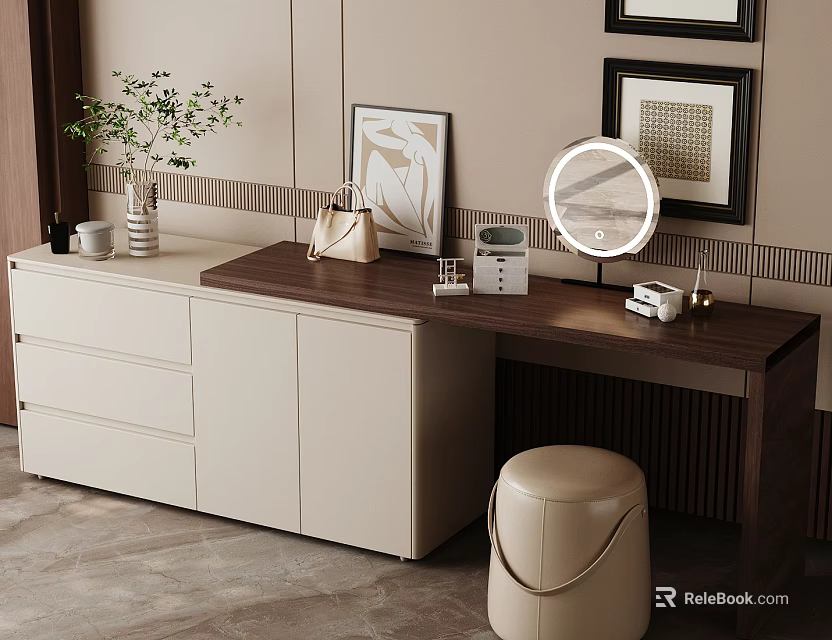 Modern Dressing Table With Walnut Top Beige Cabinets Round Mirror And Storage Stool 3d model