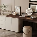 Modern Dressing Table With Walnut Top Beige Cabinets Round Mirror And Storage Stool 3d model