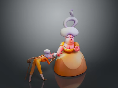 Small Character With Cane Bowing To Large Figure In Yellow Dress And White Hat 3d model