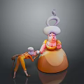 Small Character With Cane Bowing To Large Figure In Yellow Dress And White Hat
