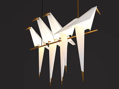 Modern Origami Crane Shaped Chandelier with White Shades and Gold Accents on Dark Background 3d model