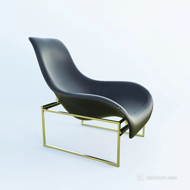 Modern Black Leather Leisure Chair with Golden Metal Frame and Curved Design 3d model 