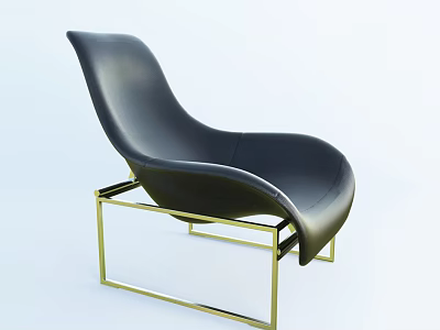 Modern Black Leather Leisure Chair with Golden Metal Frame and Curved Design 3d model