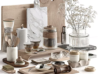 Modern Rustic Tableware Set With Wooden Marble Chopping Boards Glass Jars And Metal Utensils 3d model