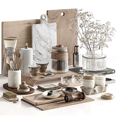 Modern Rustic Tableware Set With Wooden Marble Chopping Boards Glass Jars And Metal Utensils 3d model