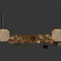 Household Items Display On Vintage Wooden Shelf With Stone Pillars And Plants