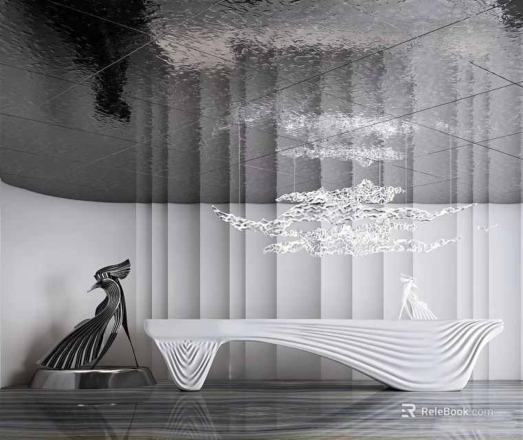 Modern Front Desk Reception Area Design With White Curved Desk And Artistic Sculpture 3d model 