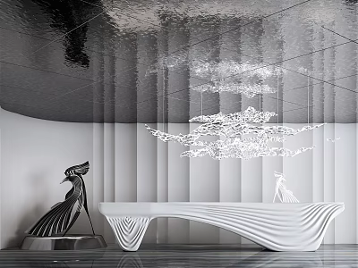 Modern Front Desk Reception Area Design With White Curved Desk And Artistic Sculpture 3d model