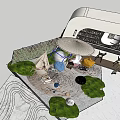 Rooftop Garden Landscape With Palm Trees Umbrella Tent Blue Flowers And People Sitting