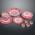 Red and White Floral Pattern Dinnerware Set With Plates Bowls Cups and Trays 3d model
