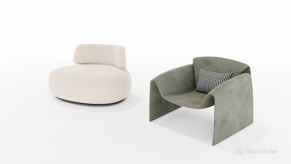 Modern Single Sofa Designs Beige Curved And Greenish Gray With Armrest Checkered Pillow 3d model 