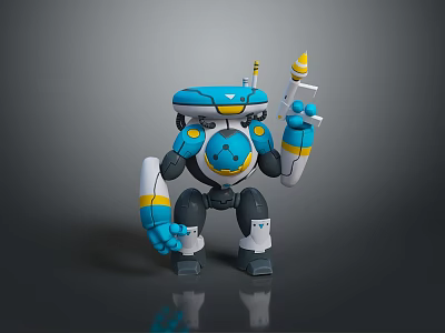 Cartoon Style Game Movie Character Robot With Blue White Yellow Body Holding Yellow Cone Tool 3d model