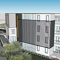 Urban Commercial Complex with High Rise Buildings Landscaped Plaza Greenery and Parking Vehicles