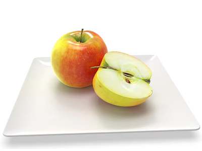 Fresh Red and Yellow Apples Whole and Sliced on White Plate with Seeds 3d model