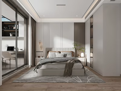 Modern Bedroom Interior With Cozy Bed Area Rug And Built In Wardrobes 3d model