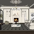 Elegant Modern Living Room Interior With Beige Sofa Fireplace Chandelier Bookshelves And Arched Door