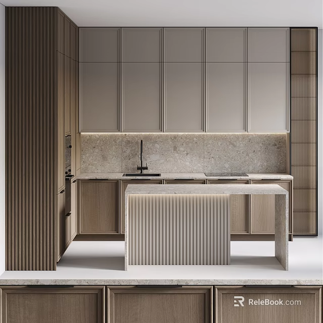 Modern Kitchen Cabinets With Light Wood Design And Marble Countertop Island Interior 3d model 