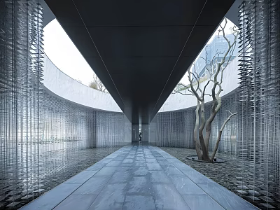 Modern Garden Landscape With Water Curtain Walkway Stone Pavement And Trees 3d model