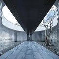 Modern Garden Landscape With Water Curtain Walkway Stone Pavement And Trees