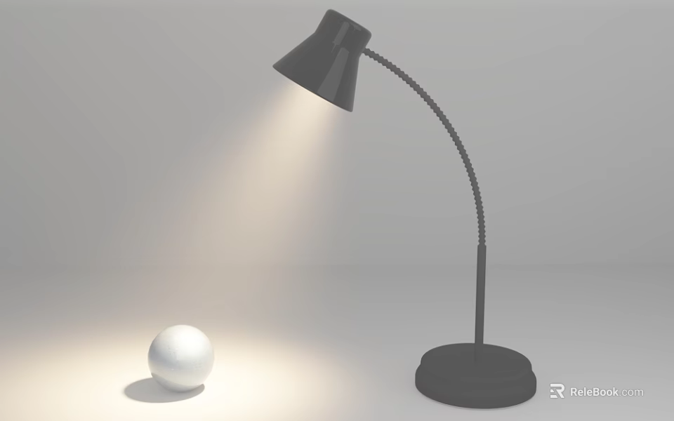 Black Desk Lamp With Curved Arm Black Base And White Ball Under Light Beam 3d model 