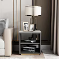 Black and White Bedside Tables with Marble Top Drawers Lamps and Photo Frames