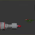 Two Silver Rocket Engines With Red Tips And Green Aircraft 3d model