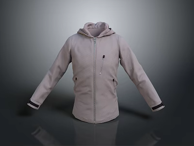 Light Gray Hooded Jacket Featuring Zipper Closure Side Pockets And Black Cuff Details 3d model