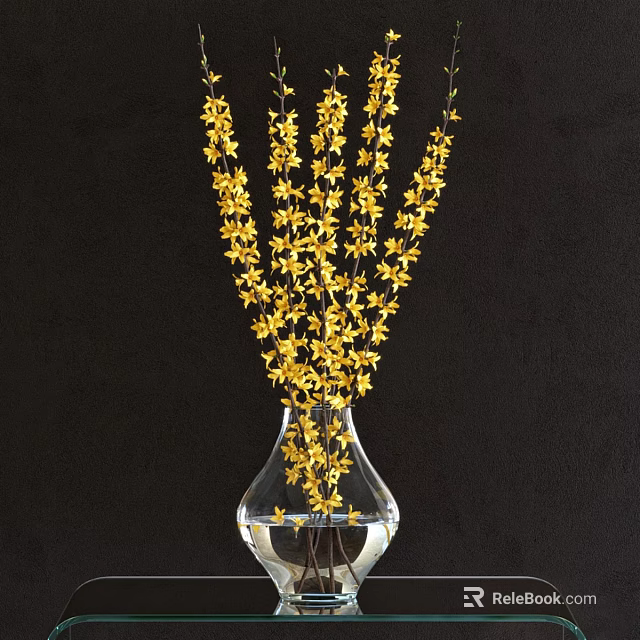 Elegant Transparent Vase with Yellow Dangling Flowers on Black Background 3d model 