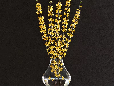 Elegant Transparent Vase with Yellow Dangling Flowers on Black Background 3d model