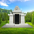White Garden Pavilion in Green Lawn with Trees and Blue Sky Forest Background