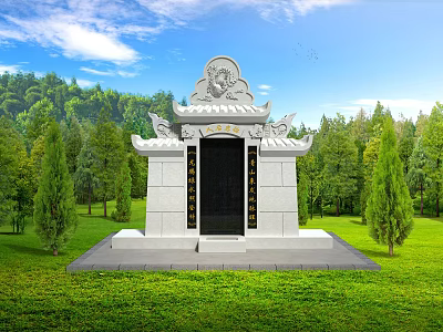 White Garden Pavilion in Green Lawn with Trees and Blue Sky Forest Background 3d model