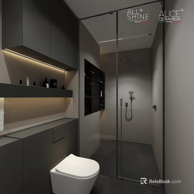 Modern Bathroom Interior Design With Gray Cabinets Glass Shower Partition Lighting Strips and Vanity 3d model 